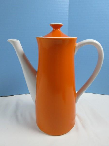 Retro Orange Body 10 1/2" Porcelain Coffee Pot & Lid With Handle, Spout & Finial Trim