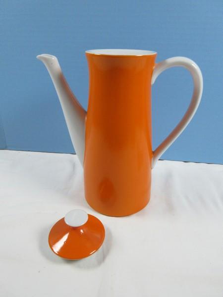 Retro Orange Body 10 1/2" Porcelain Coffee Pot & Lid With Handle, Spout & Finial Trim