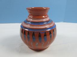 native American Design Clay Pottery Hand painted 4 1/2" Vessel Base Signed Ben Bas Sat
