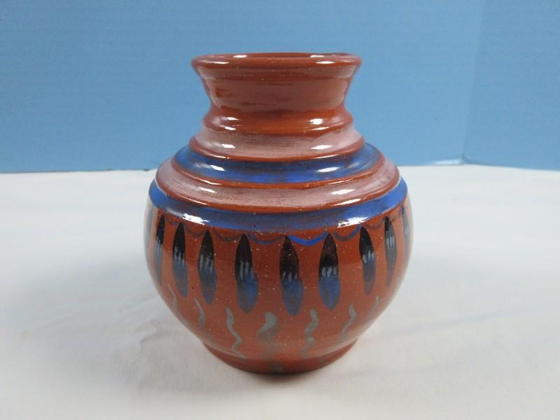 native American Design Clay Pottery Hand painted 4 1/2" Vessel Base Signed Ben Bas Sat