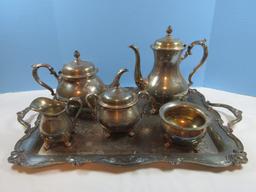 7pc International Silver Co. Wilcox Silverplate Rochelle Tea Set w/Waste Bowl & Rectangular