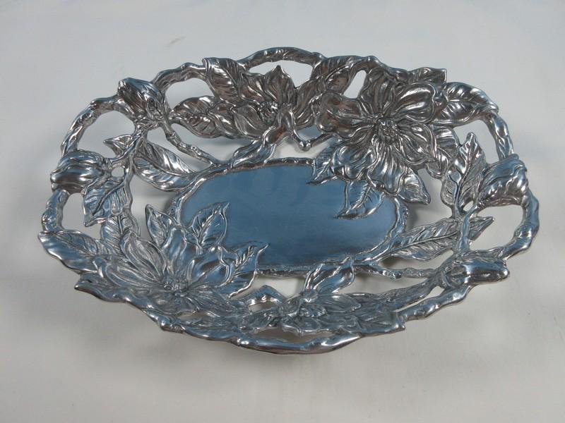 Arthur Court Aluminum Hollowware magnolia 10 1/2" Bread Basket Flower & Foliage Design