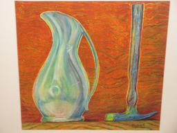 Post Modern Ewer Pitcher & Pick Hammer Chalk Drawing Original Artwork Signed Woodside