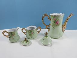 5pc Lefton China Heritage Green 8 3/4" Coffee Pot & Lid,Creamer & Covered Sugar Bowl. Est $150