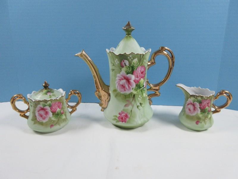 5pc Lefton China Heritage Green 8 3/4" Coffee Pot & Lid,Creamer & Covered Sugar Bowl. Est $150