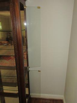 Splendid Lighted Curio Cabinet Mirror Back, Glass Shelves, Demi Columns, Beveled Glass Front w/