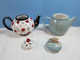 4 Ceramic Teapots Hallmark Margolin Bastin Figural Bird & Berries Finial, relief Hummingbird &
