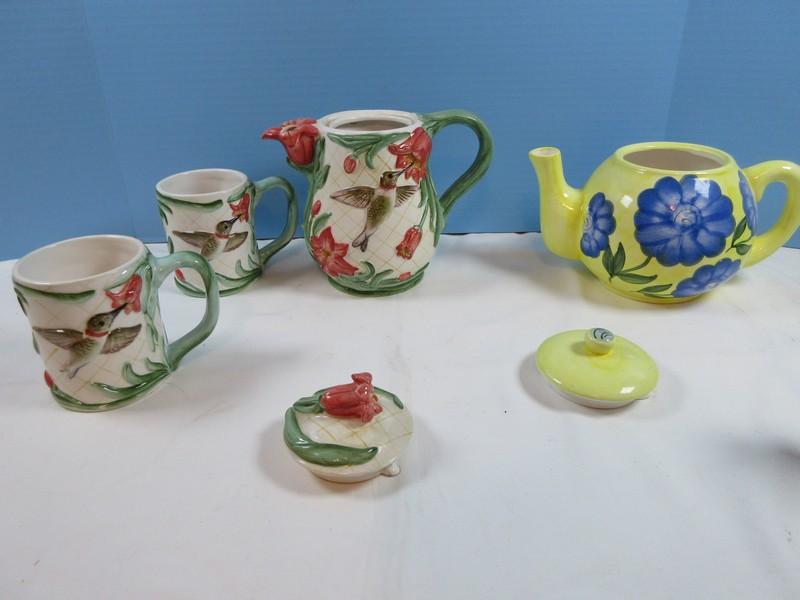 4 Ceramic Teapots Hallmark Margolin Bastin Figural Bird & Berries Finial, relief Hummingbird &