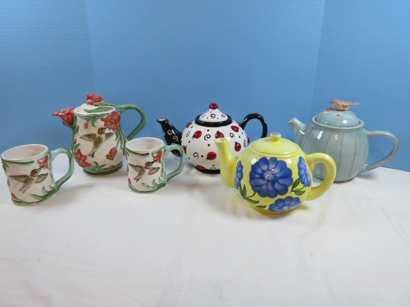 4 Ceramic Teapots Hallmark Margolin Bastin Figural Bird & Berries Finial, relief Hummingbird &