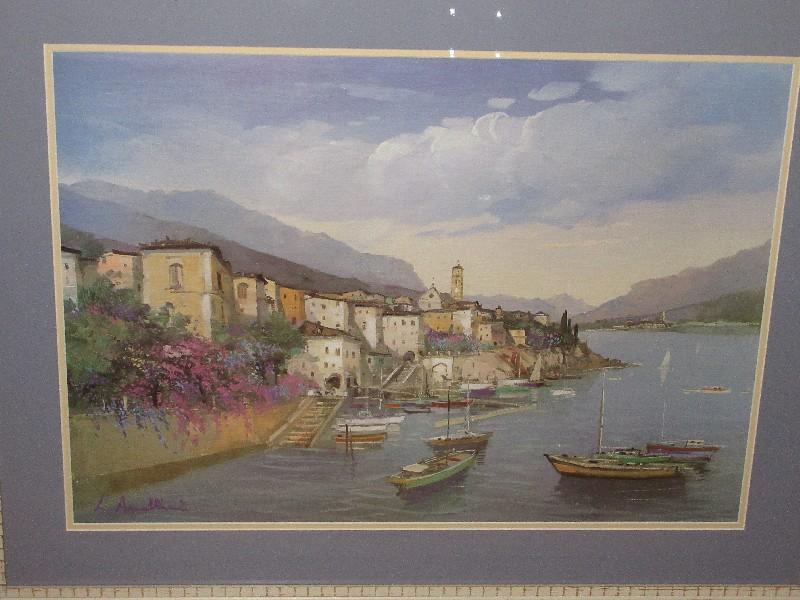 Italian Village by Waterfront Artwork Print in Distressed White Frame/Blue Mat-38" x 30"