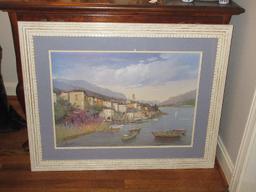 Italian Village by Waterfront Artwork Print in Distressed White Frame/Blue Mat-38" x 30"