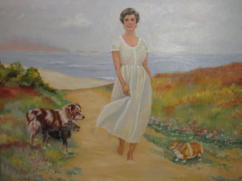 Commissioned Portrait Refined Genteel Woman on Beach with Her Dogs on Canvas, Gorgeous
