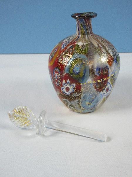 Venetian Murano Art Glass Millefiori Perfume Bottle w/Dabber Aventurine Gold Flecked
