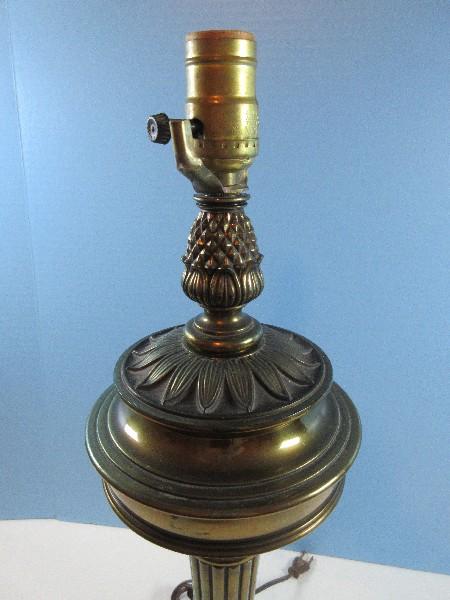 Neoclassical Brass 22" Table Lamp Reed Column Ornately Embellished Antique Patina