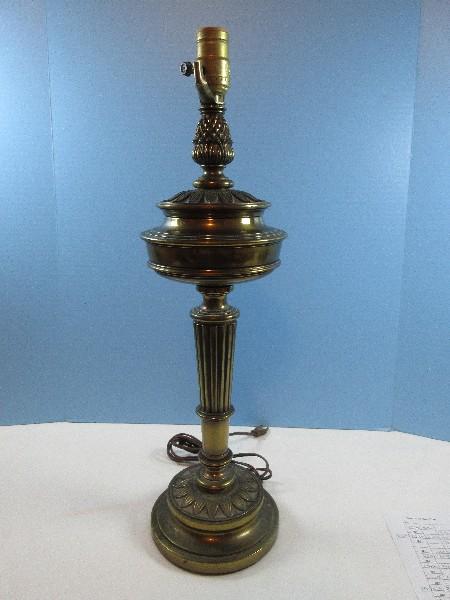 Neoclassical Brass 22" Table Lamp Reed Column Ornately Embellished Antique Patina