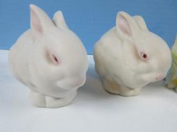 5 Porcelain Bisque Bunny Figurines Andrea Hand Painted Blue/White & Yellow Floral 5 1/2",