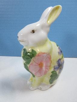 5 Porcelain Bisque Bunny Figurines Andrea Hand Painted Blue/White & Yellow Floral 5 1/2",