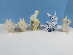 5 Porcelain Bisque Bunny Figurines Andrea Hand Painted Blue/White & Yellow Floral 5 1/2",