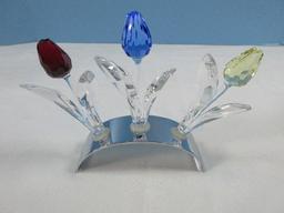 Splendid Swarovski SCS Member Renewal Gifts 3 1/2" Tulips Blue, Red & Yellow Stem Foliage w/