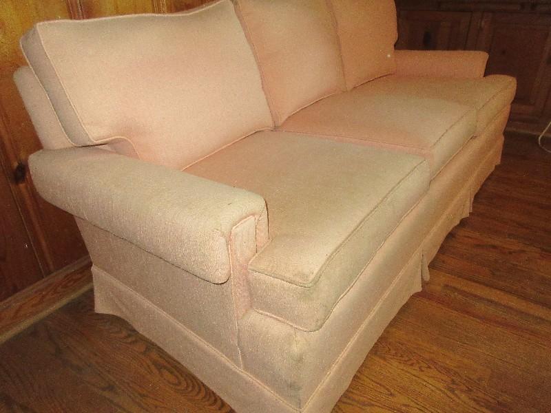 Formal Traditional Coral Pink Upholstered Sofa w/Pleated Skirt Blocked Arm Rest-32"H x 78"L