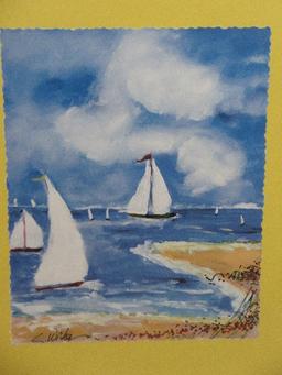 Sailboats Beach Shoreline Artwork Print Yellow Background in Distressed White Patina Frame