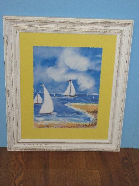 Sailboats Beach Shoreline Artwork Print Yellow Background in Distressed White Patina Frame