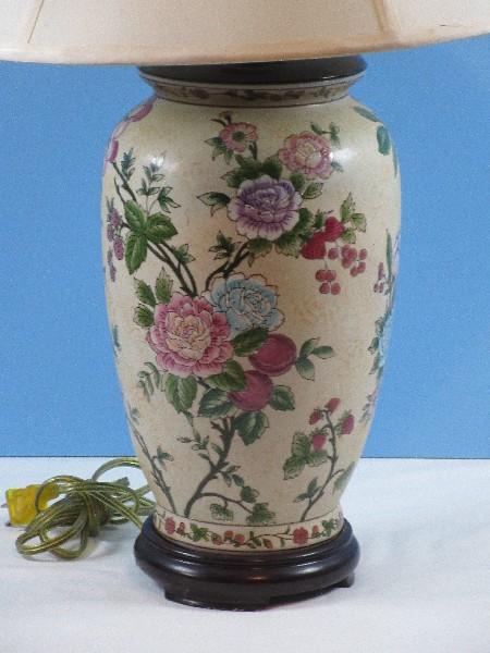Beautiful Porcelain Oriental Floral & Fruit Design Vase 29" Lamp on Footed Base Hand Painted