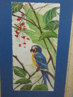 Perched Blue Macaw Bird & Tropical Foliage Artwork Print Blue Background Ivory Distressed