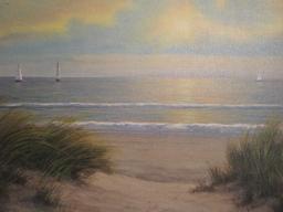Tranquil Beach w/Rolling Waves & Sailboats in The Distance Artwork on Artist Board Signed