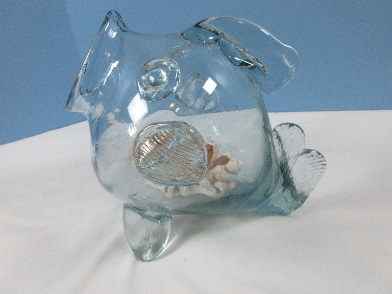 Novelty Hand Blown Green Glass Figural Fish Bubble Art Glass Fish Bowl/Vase Approx 11"x9"x11"