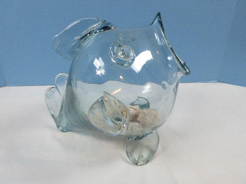 Novelty Hand Blown Green Glass Figural Fish Bubble Art Glass Fish Bowl/Vase Approx 11"x9"x11"