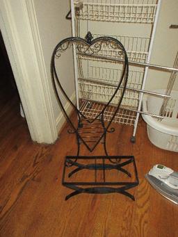 Lot Hip Hugger Laundry Basket, 2 Irons, Metal Scalloped Shell TP Holder, 4 Tier Wire Basket