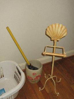 Lot Hip Hugger Laundry Basket, 2 Irons, Metal Scalloped Shell TP Holder, 4 Tier Wire Basket