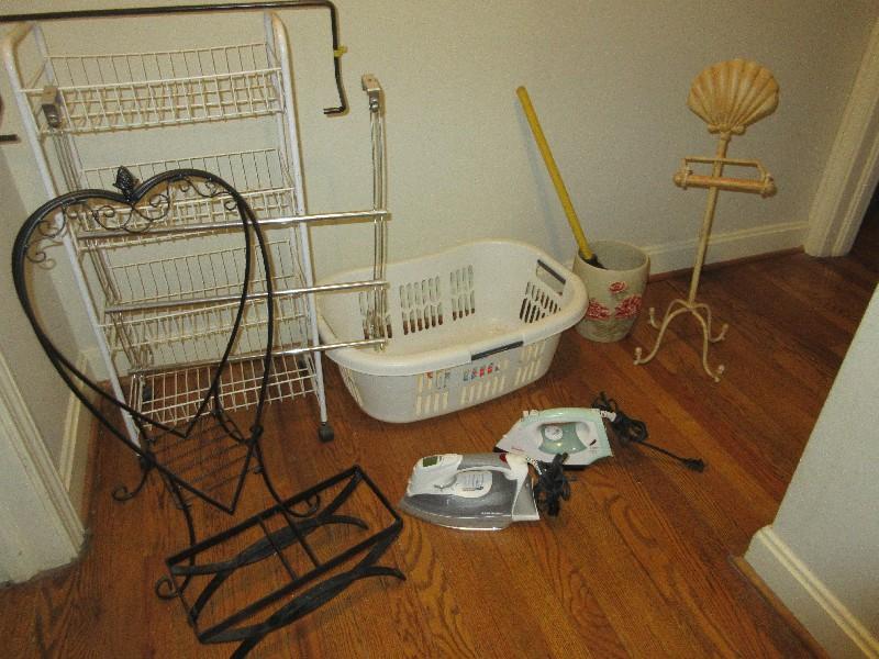 Lot Hip Hugger Laundry Basket, 2 Irons, Metal Scalloped Shell TP Holder, 4 Tier Wire Basket