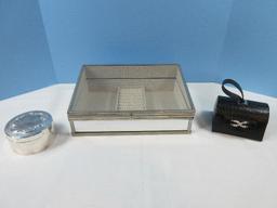 Lot Elegant Lined Glass Jewelry Box Exterior Mirror Trim Retail $70, Reed & Barton 4" Round