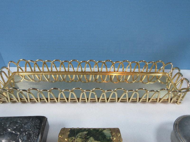 Lot Brass Plated Arched Dresser Tray, Italian Florentine Style Gilt Trinket Box, Silverplate Basket