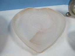 Lot Heart Keepsake Veneer Box 12" x 12", Marbleized Pink Glass Heart Shape Dish 8", Vanity