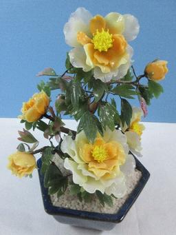 Delightful Japanese Yellow Bonsai Peony Glass 10" Tree in Hexagon Cache Redware Planter