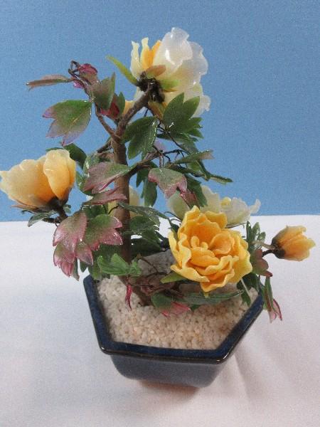 Delightful Japanese Yellow Bonsai Peony Glass 10" Tree in Hexagon Cache Redware Planter