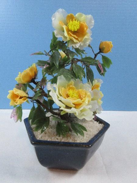 Delightful Japanese Yellow Bonsai Peony Glass 10" Tree in Hexagon Cache Redware Planter