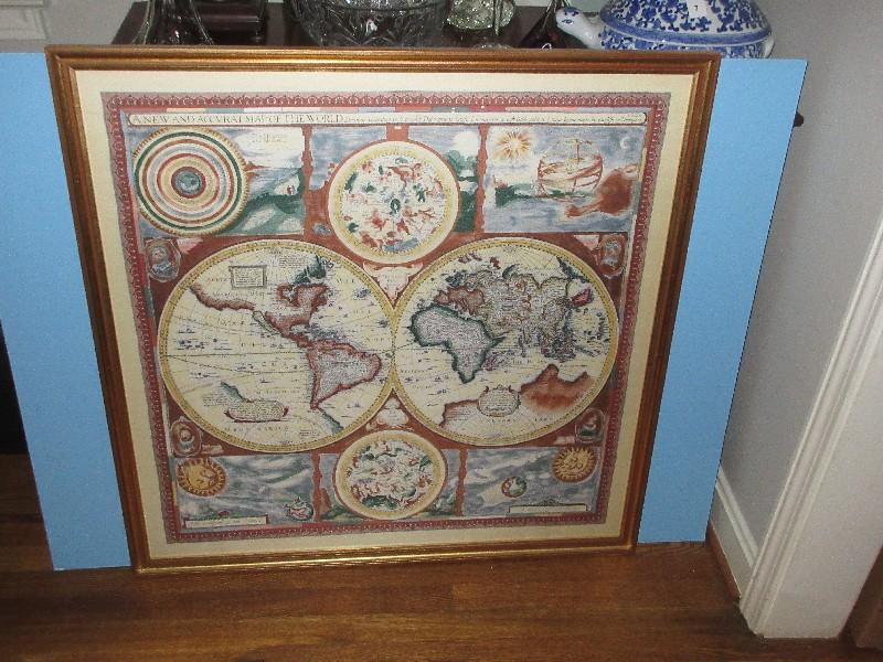 A New & Accurate Map of The World Silk Scarf in Two Tone Frame- 36 1/2" Square