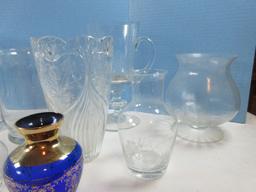 Lot Crystal/Glass Vases, Trophy Cup, Reed & Barton 10" Tempo Trumpet, Optic Swirl 7 3/4"