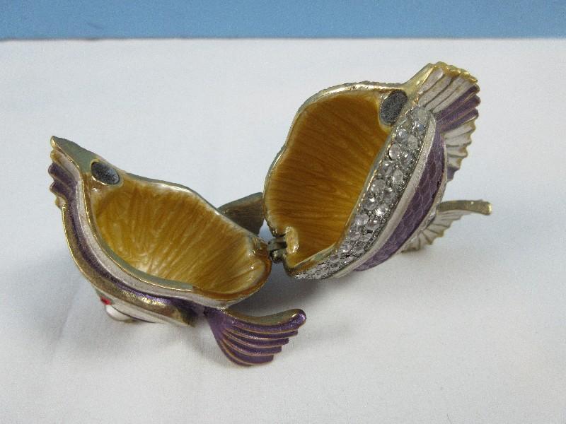 Dazzling Enameled Jeweled Tropical Fish Figural Trinket Box-Approx 2 1/4"H x 3 1/4"