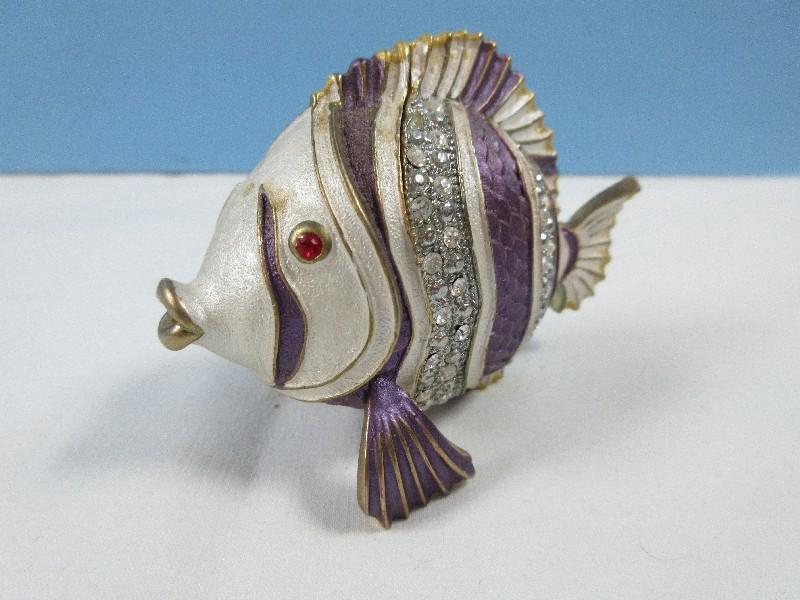 Dazzling Enameled Jeweled Tropical Fish Figural Trinket Box-Approx 2 1/4"H x 3 1/4"