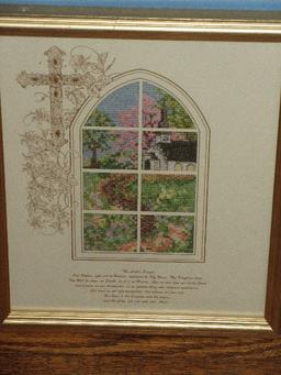 Lot Framed Needlework Religious Sampler 26 1/4" x 8 1/2", Lord's Prayer Country Church-