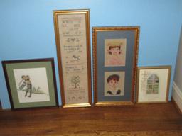 Lot Framed Needlework Religious Sampler 26 1/4" x 8 1/2", Lord's Prayer Country Church-