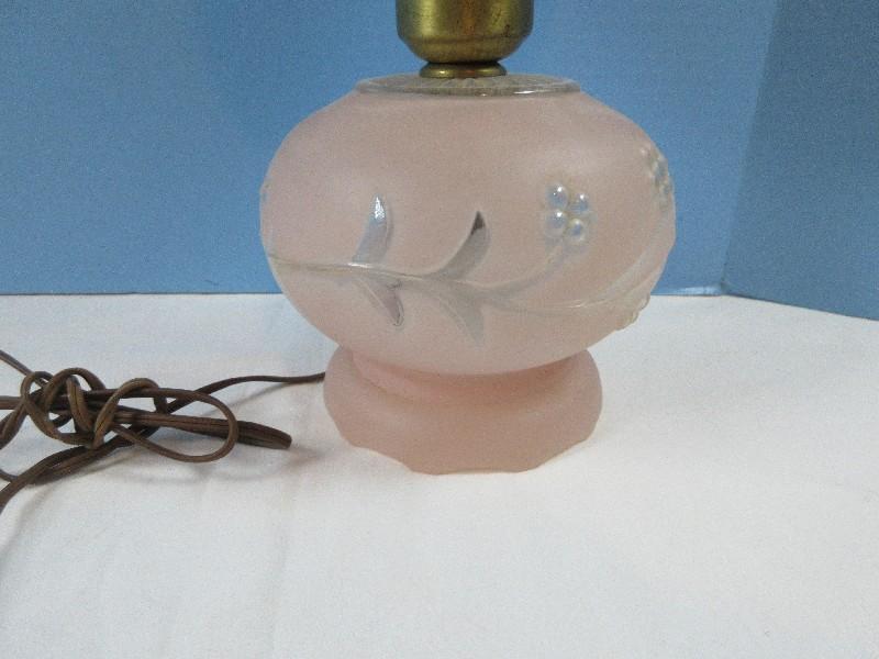 Vintage Pink Satin Glass Boudoir Hurricane Lamp 15 1/2" w/Night Light Base Clear Foliage