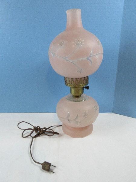 Vintage Pink Satin Glass Boudoir Hurricane Lamp 15 1/2" w/Night Light Base Clear Foliage