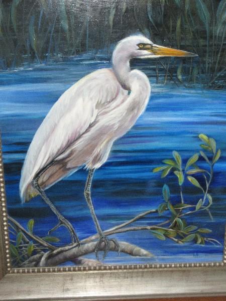 Marvelous Egret/Heron Fishing in Shallow Water Marsh Original Artwork -Canvas Artist Signed 31"X37"