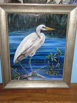 Marvelous Egret/Heron Fishing in Shallow Water Marsh Original Artwork -Canvas Artist Signed 31"X37"